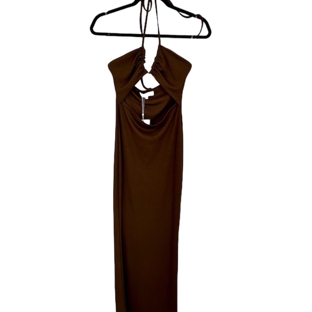 Meshki Maddie Ribbed Drawstring Midi Dress Women's Chocolate Halter Size M GUC